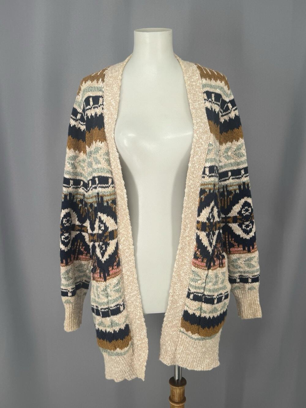 LL Bean Cardigan Womans Small Petite Cream Fair Isle Aztec Cotton Open Sweater